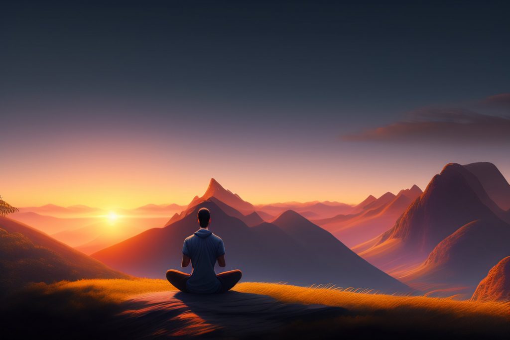 man meditating front mountain landscape